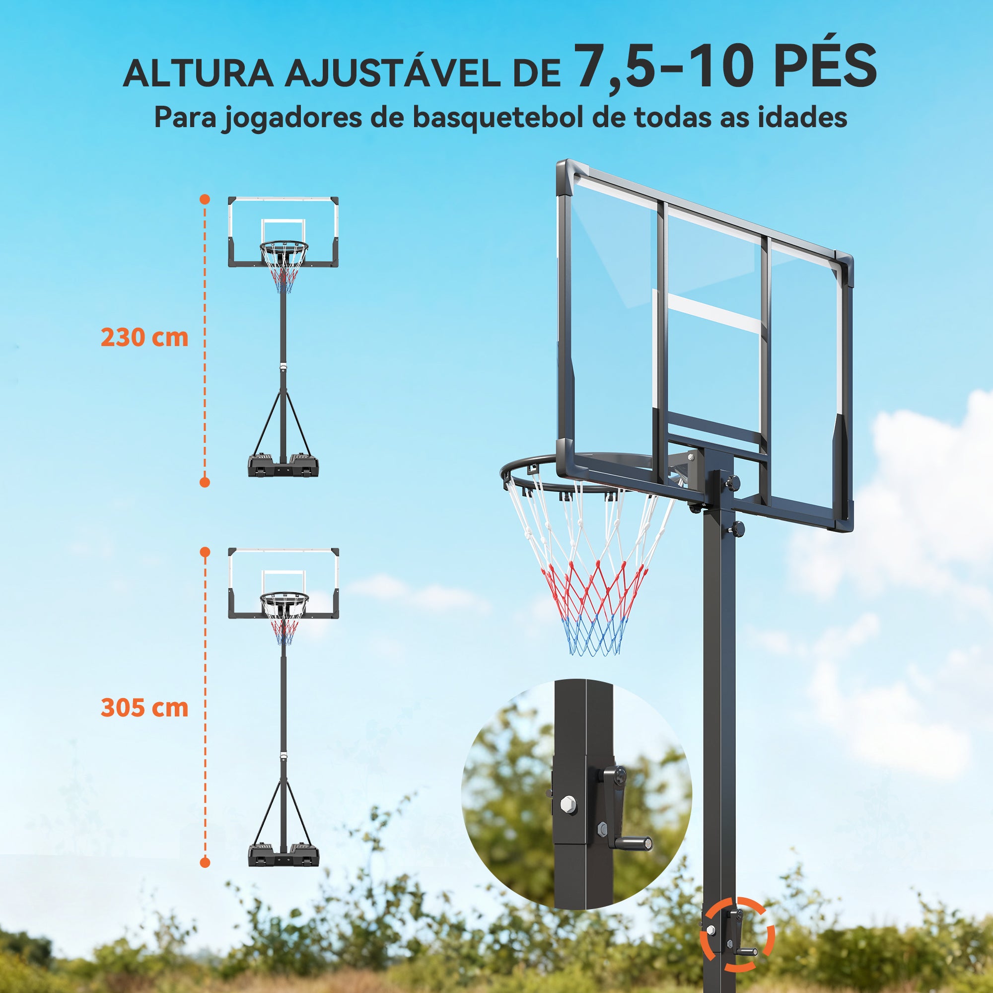 Outdoor Basketball Hoop with Adjustable Height, Portable Foldable Frame, Unbreakable Backboard, Wheels, and Fillable Base 120x70x300-375 cm Black