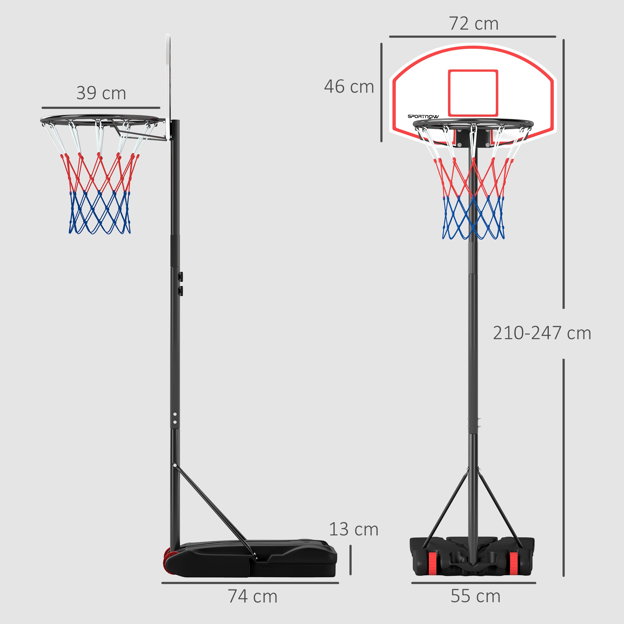 Outdoor Basketballkorb mit einstellbarem Dartscheiben-Ziel 210-247 cm Rollen Auffüllbare Basis Schwarz