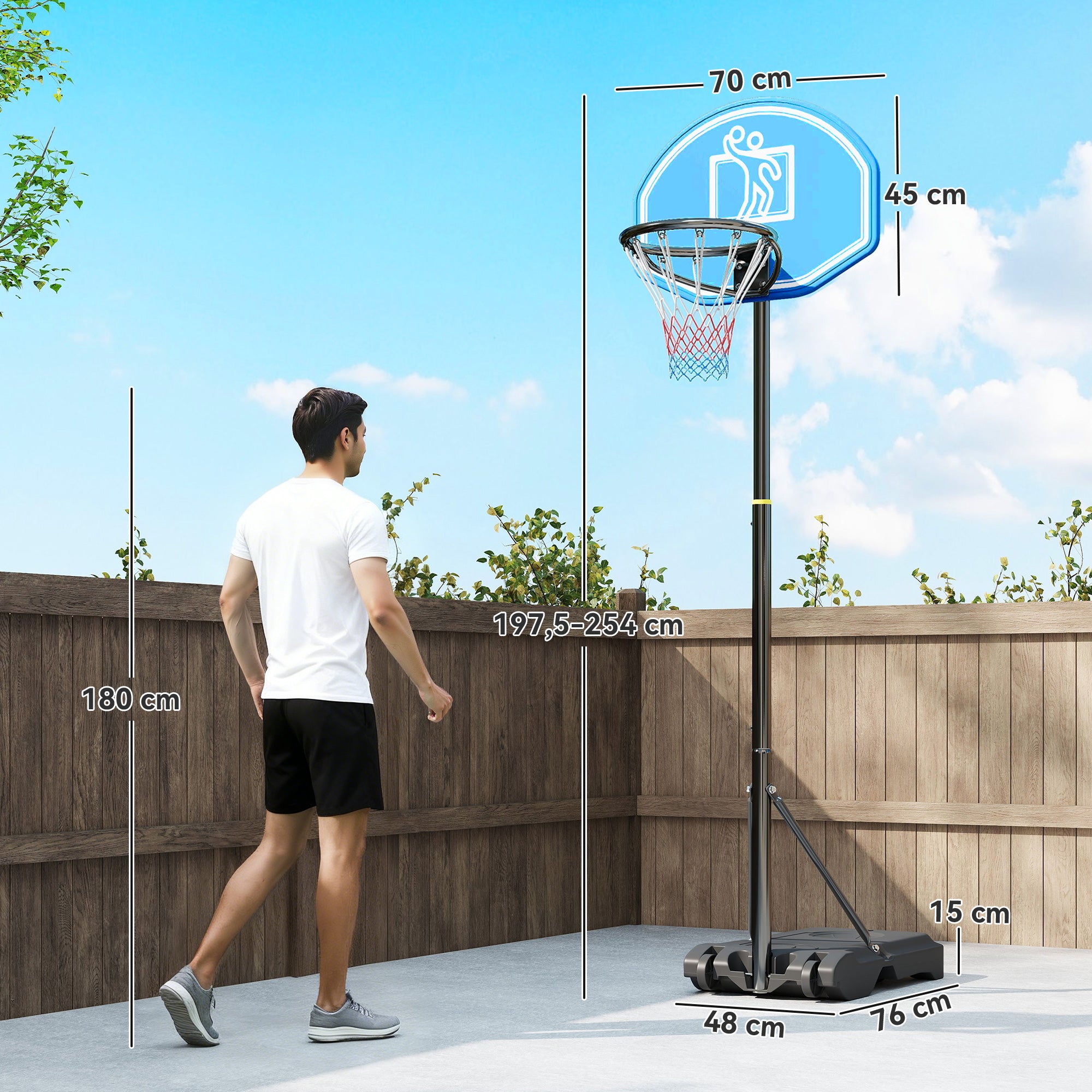 Tabela de Basquetebol com Altura Ajustável 160-210cm Rodas e Base Recarregável 76x70x197,5-254cm Preto e Azul