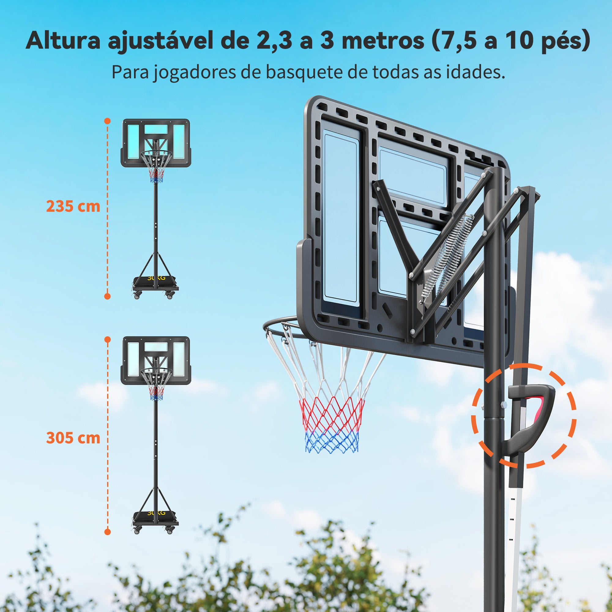 tabellone da Basket da Esterno con Altezza Regolabile 235-305 cm Sacco di Peso e Ruote Nero