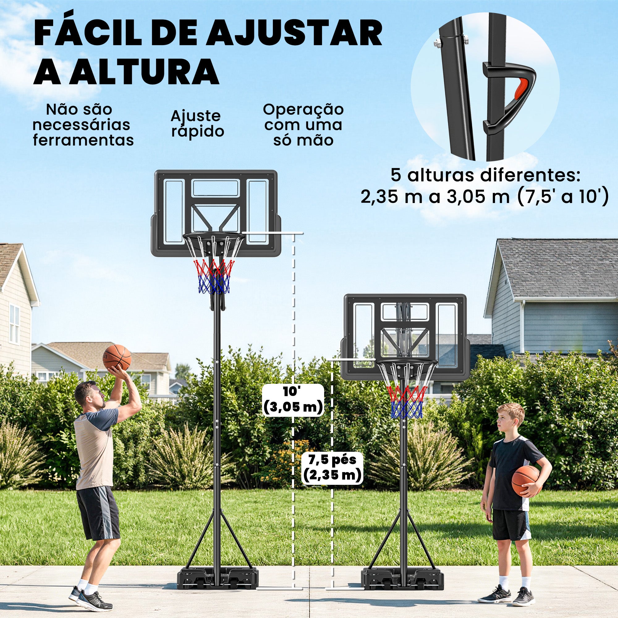 Tabellone da Basket da Esterno con Ruote, Altezza Regolabile (2,35-3,05 m), Base Riempibile e Sacchetto di Peso, Colore Nero