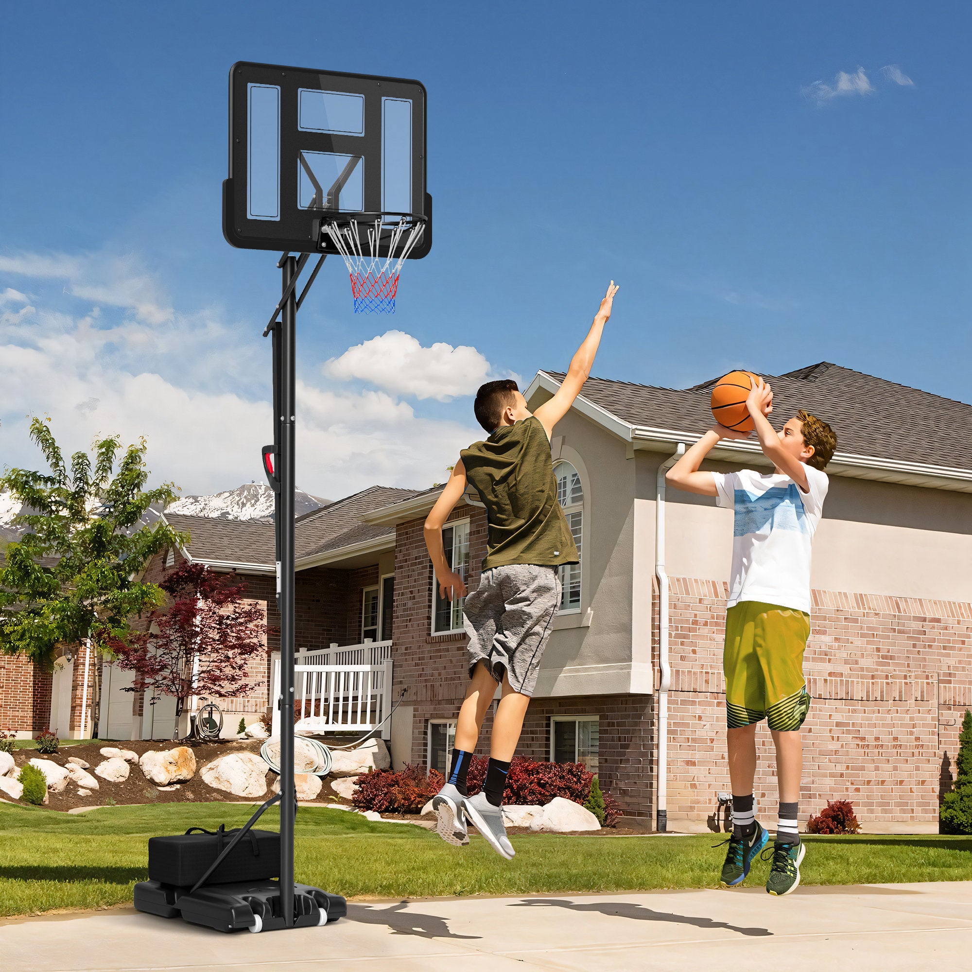 Outdoor Basketball Backboard with Adjustable Height, Stand, Wheels, Rechargeable Base, and Weight Bag 90x60x305 cm Black