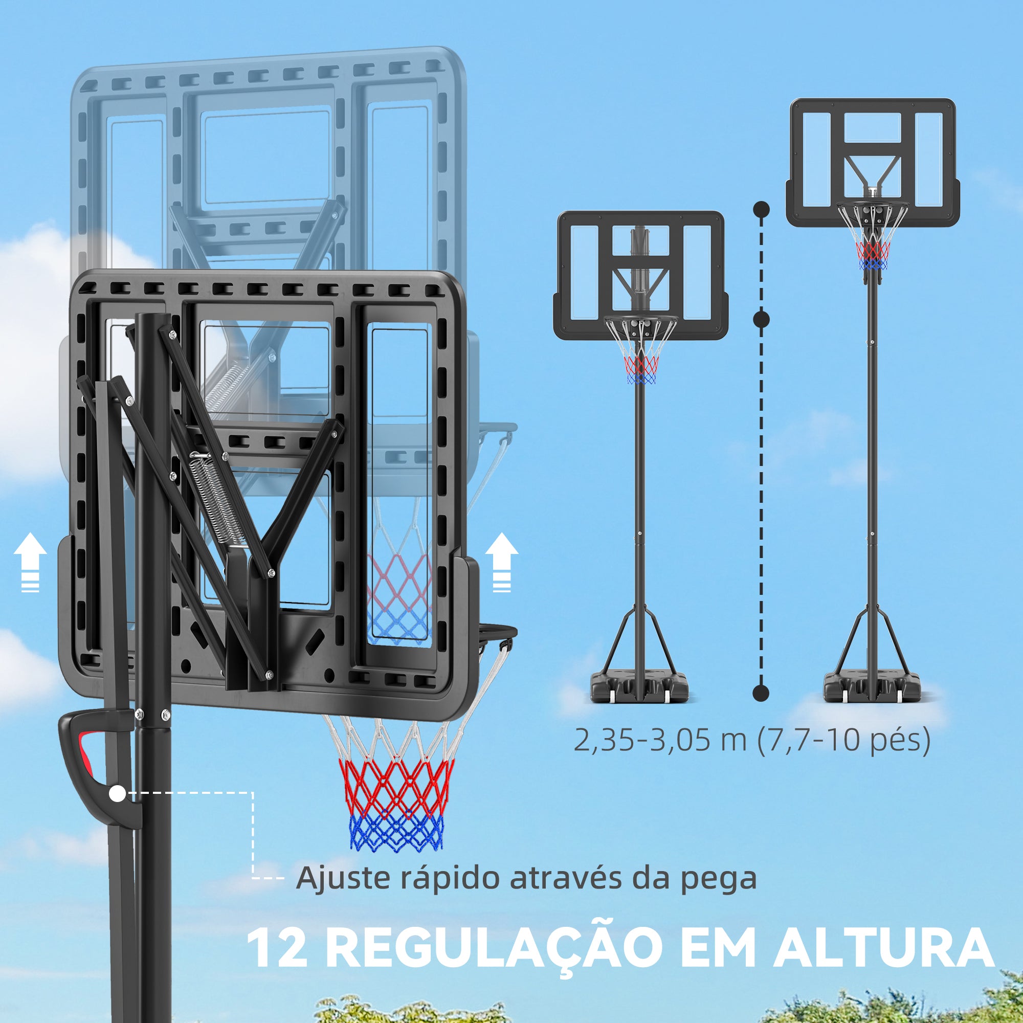 Tabellone da Basket Esterno con Altezza Regolabile, Supporto con Ruote, Base Ricaricabile e Sacco di Peso 90x60x305 cm Nero