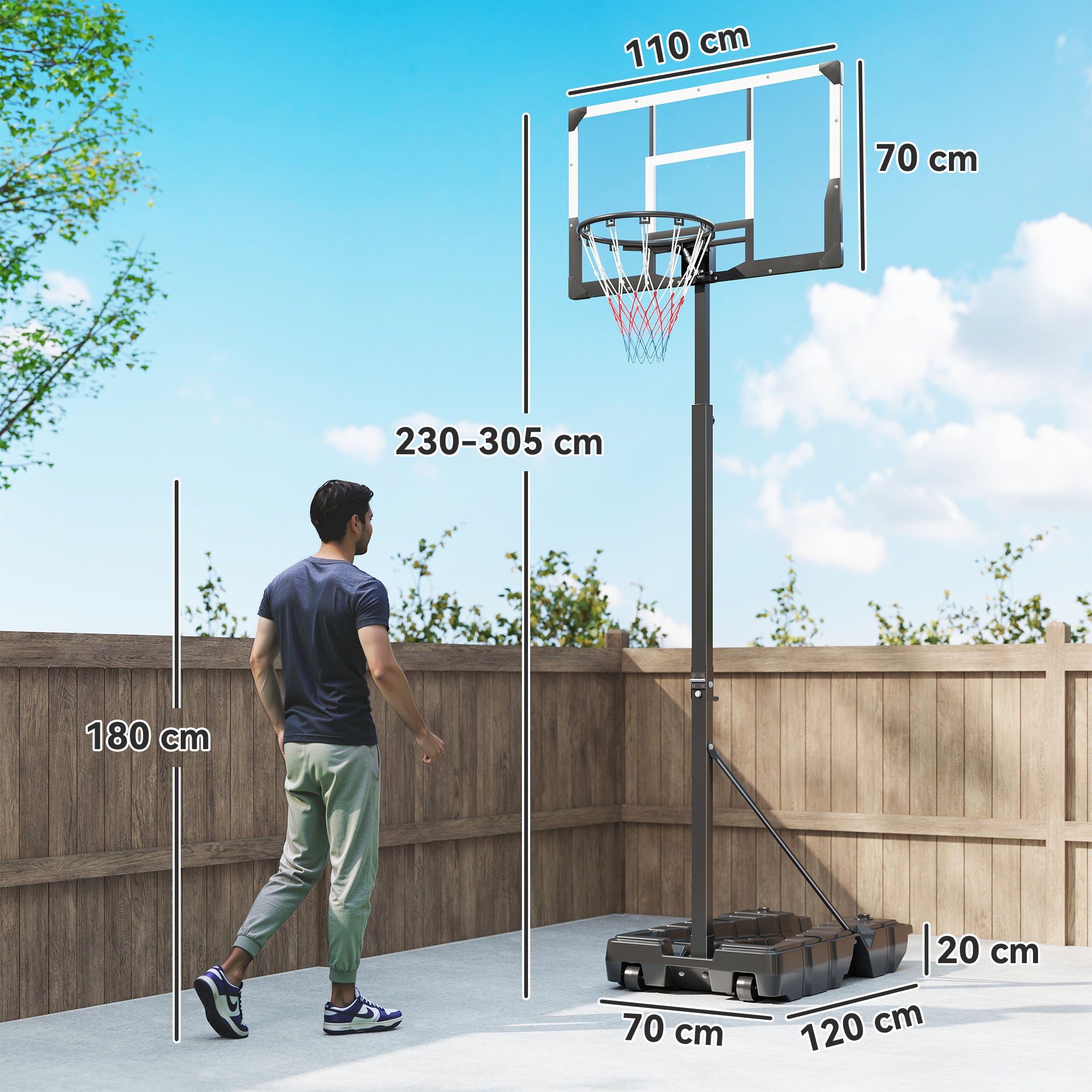 Outdoor Basketball Hoop with Adjustable Height, Portable Foldable Frame, Unbreakable Backboard, Wheels, and Fillable Base 120x70x300-375 cm Black