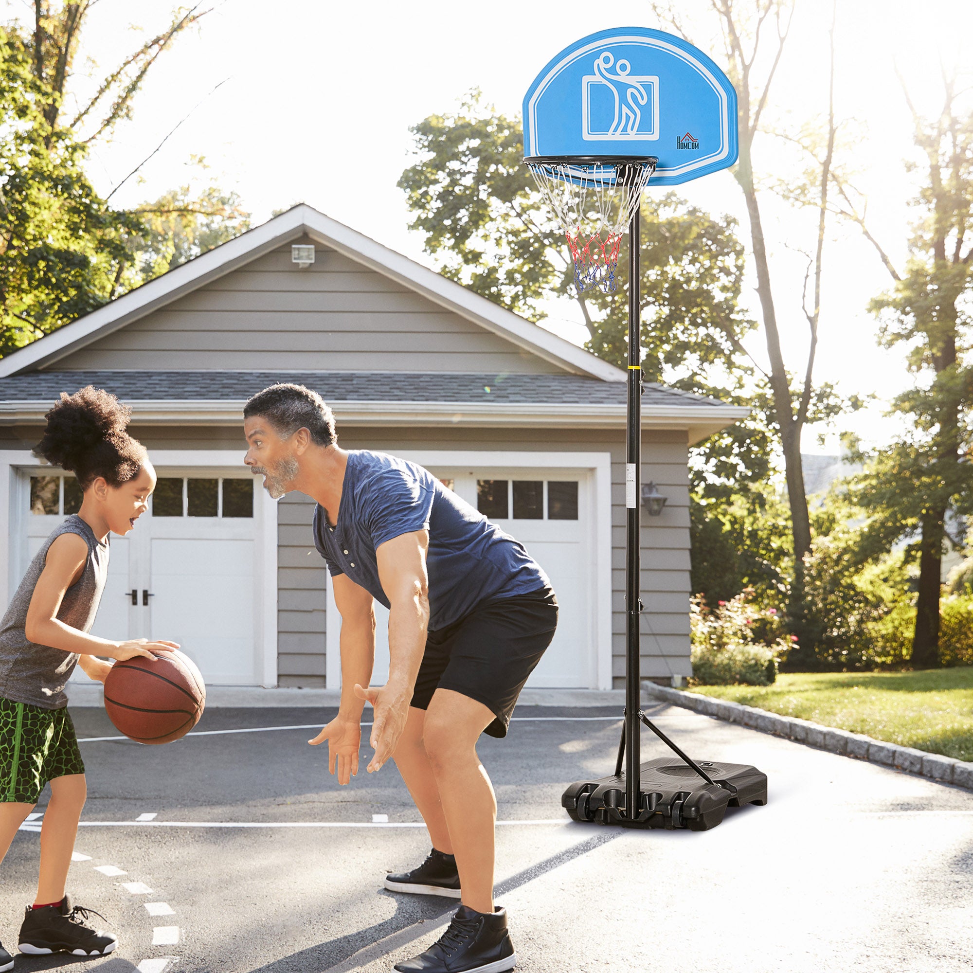 Tabela de Basquetebol com Altura Ajustável 160-210cm Rodas e Base Recarregável 76x70x197,5-254cm Preto e Azul