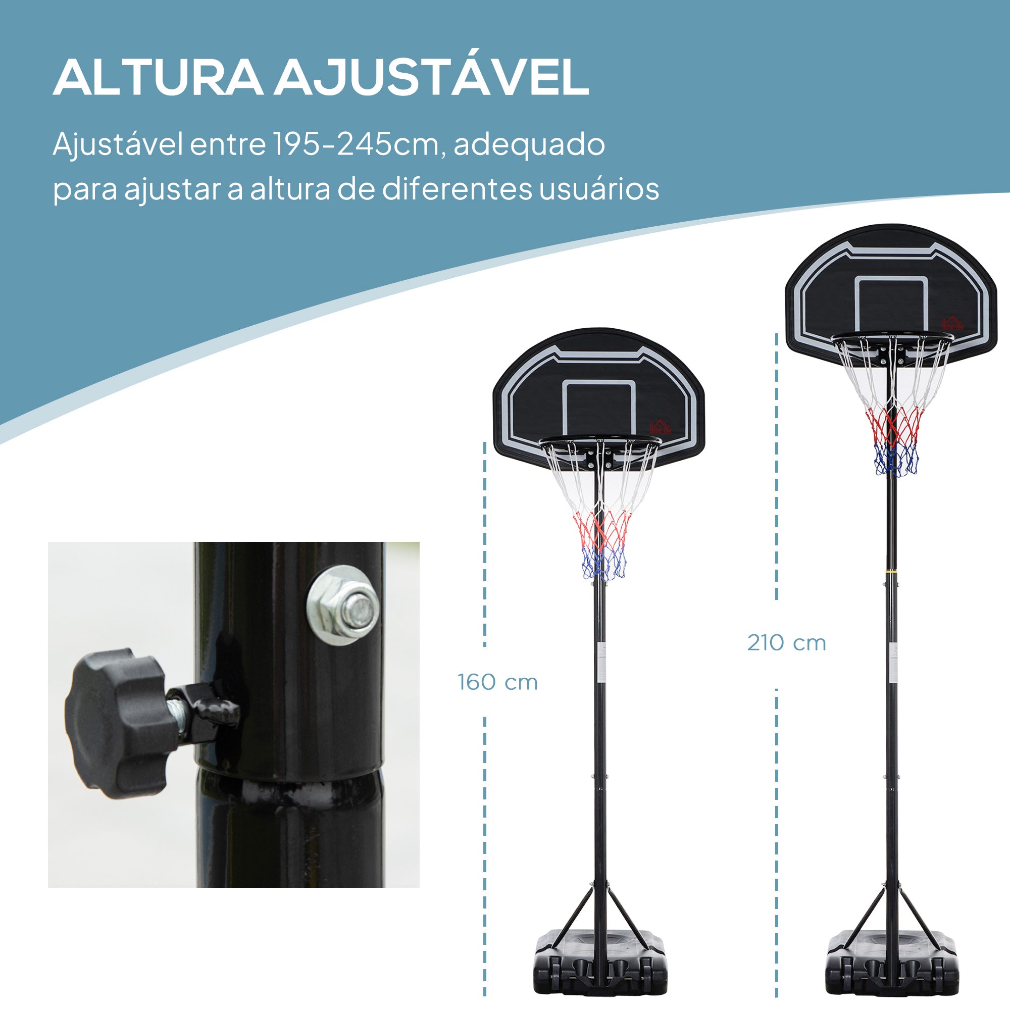 Tabela de Basquetebol para Exterior Altura Ajustável 160-210 cm com Rodas e Base Preenchível 76x48x254 cm Preto