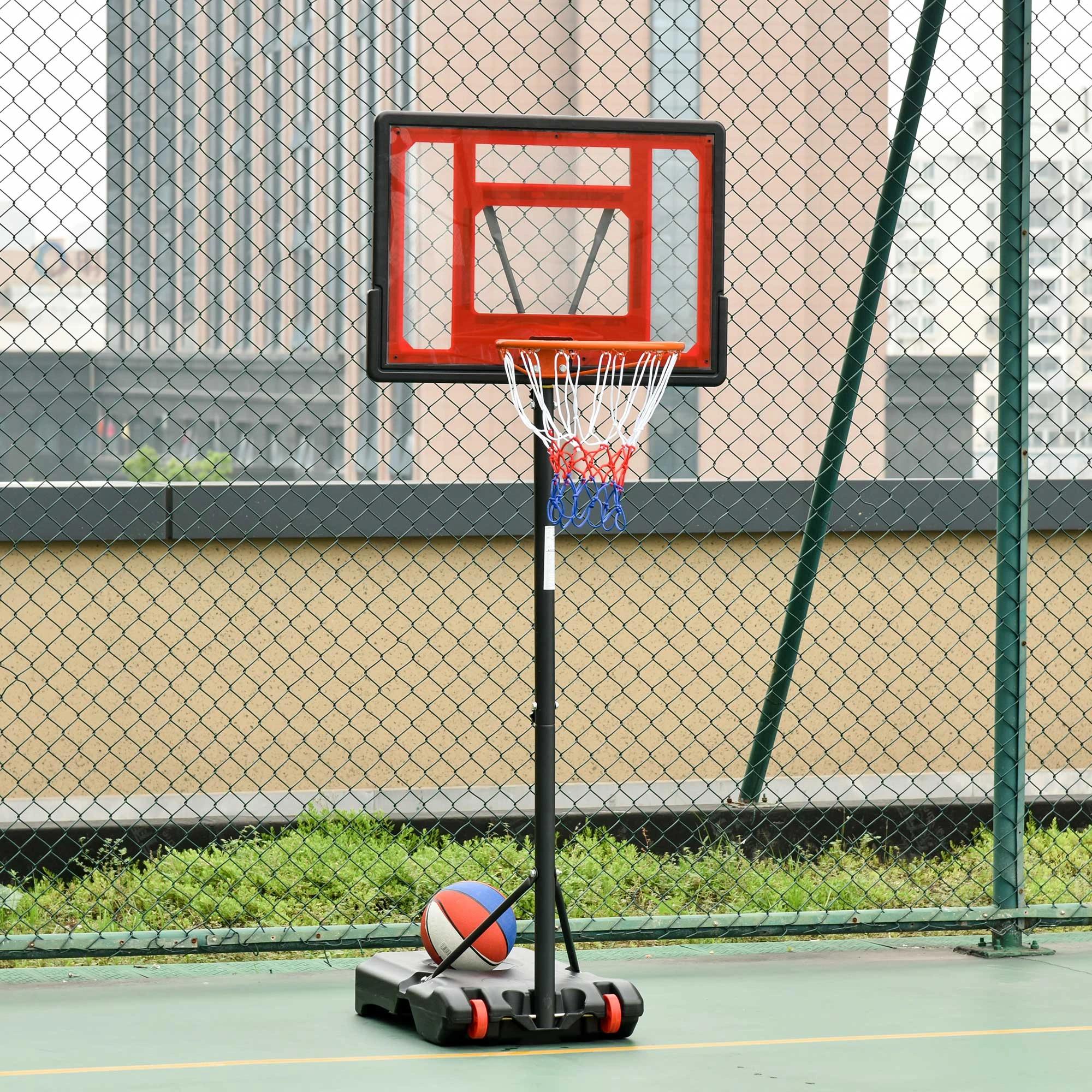 Adjustable 160-210cm Basketball Backboard with Steel Support Frame Rechargeable Base with 2 Wheels for Kids and Adults 75x83x261cm Red and Black