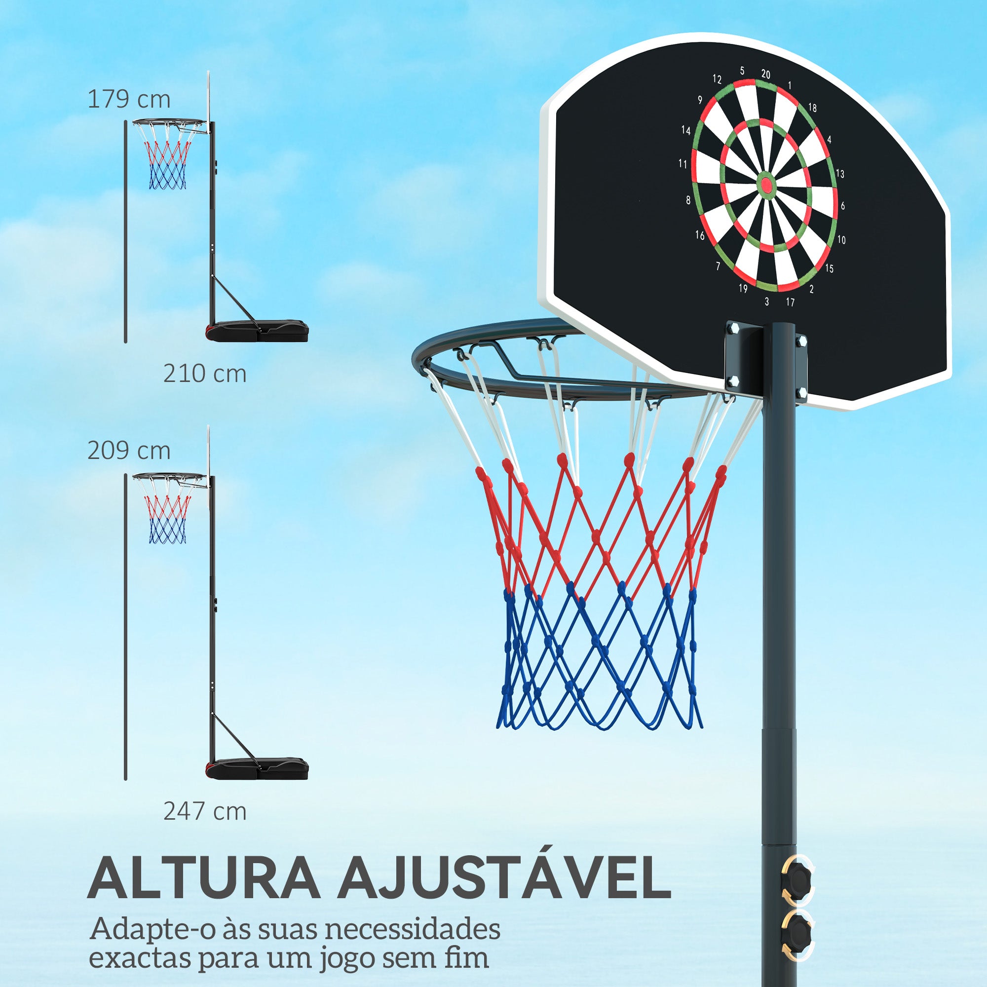 Outdoor Basketballkorb mit einstellbarem Dartscheiben-Ziel 210-247 cm Rollen Auffüllbare Basis Schwarz