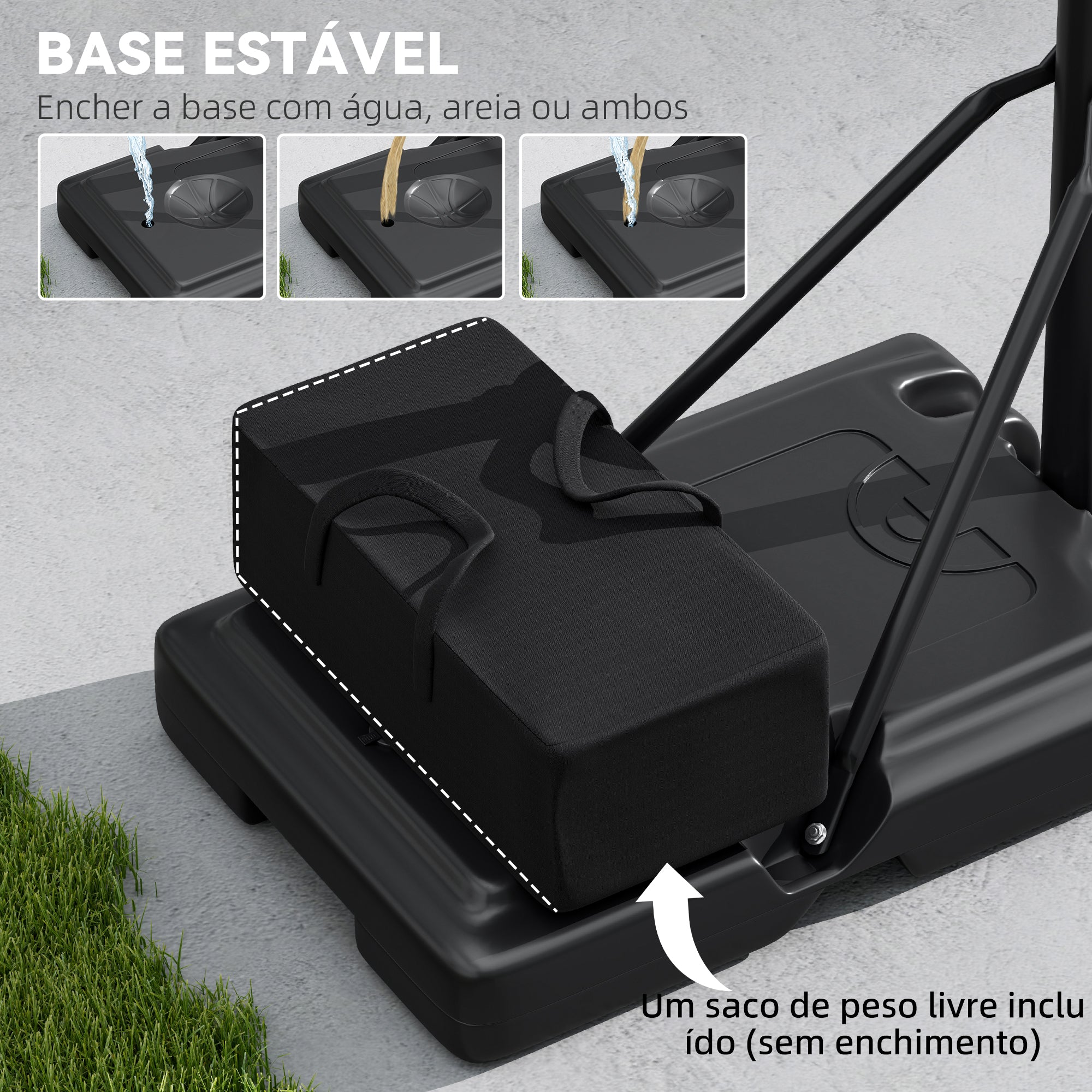 Tabellone da Basket Esterno con Altezza Regolabile, Supporto con Ruote, Base Ricaricabile e Sacco di Peso 90x60x305 cm Nero