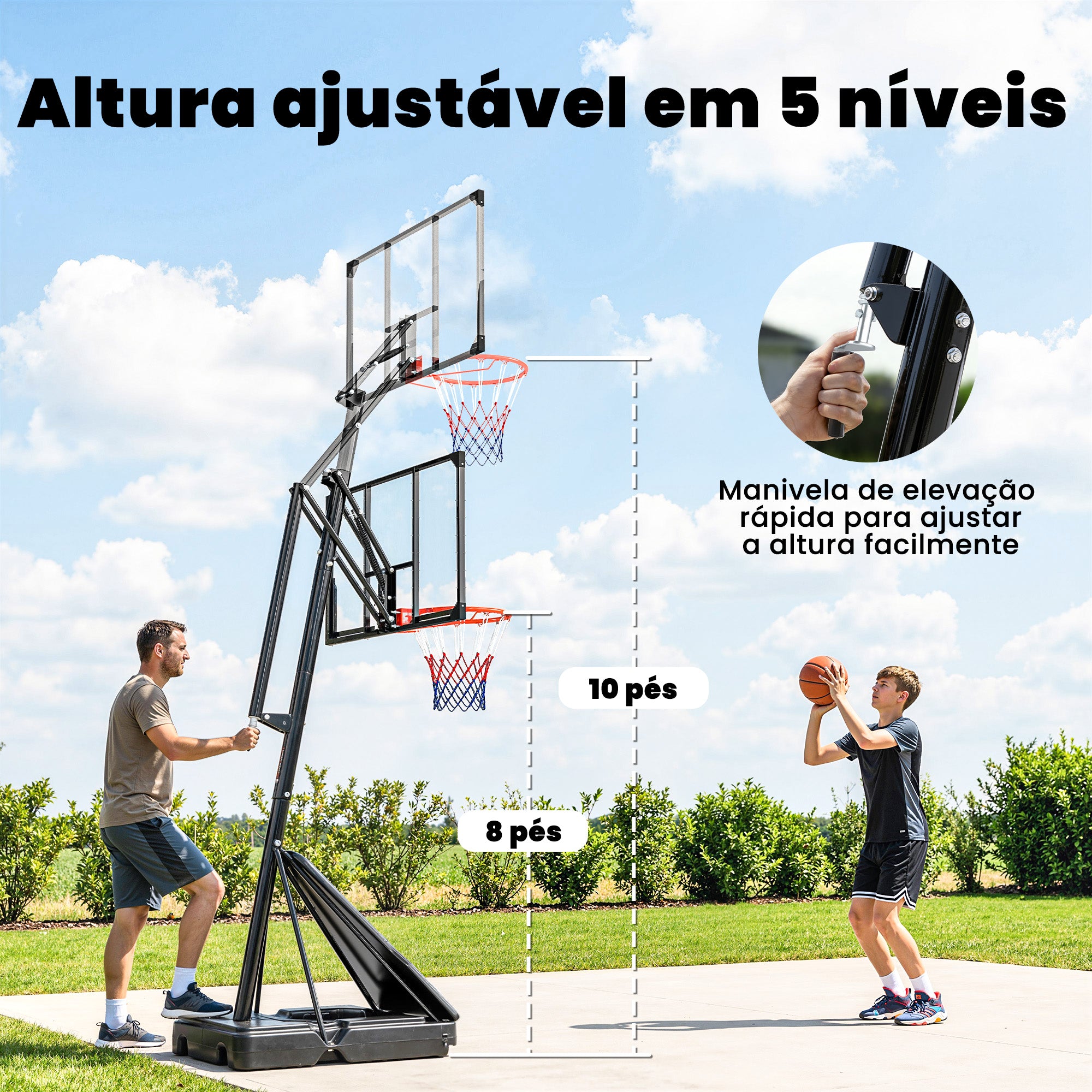 Table de Basket-Ball Extérieure Réglable de 245-305 cm avec Roues, Base Remplissable et Système de Retour Noir