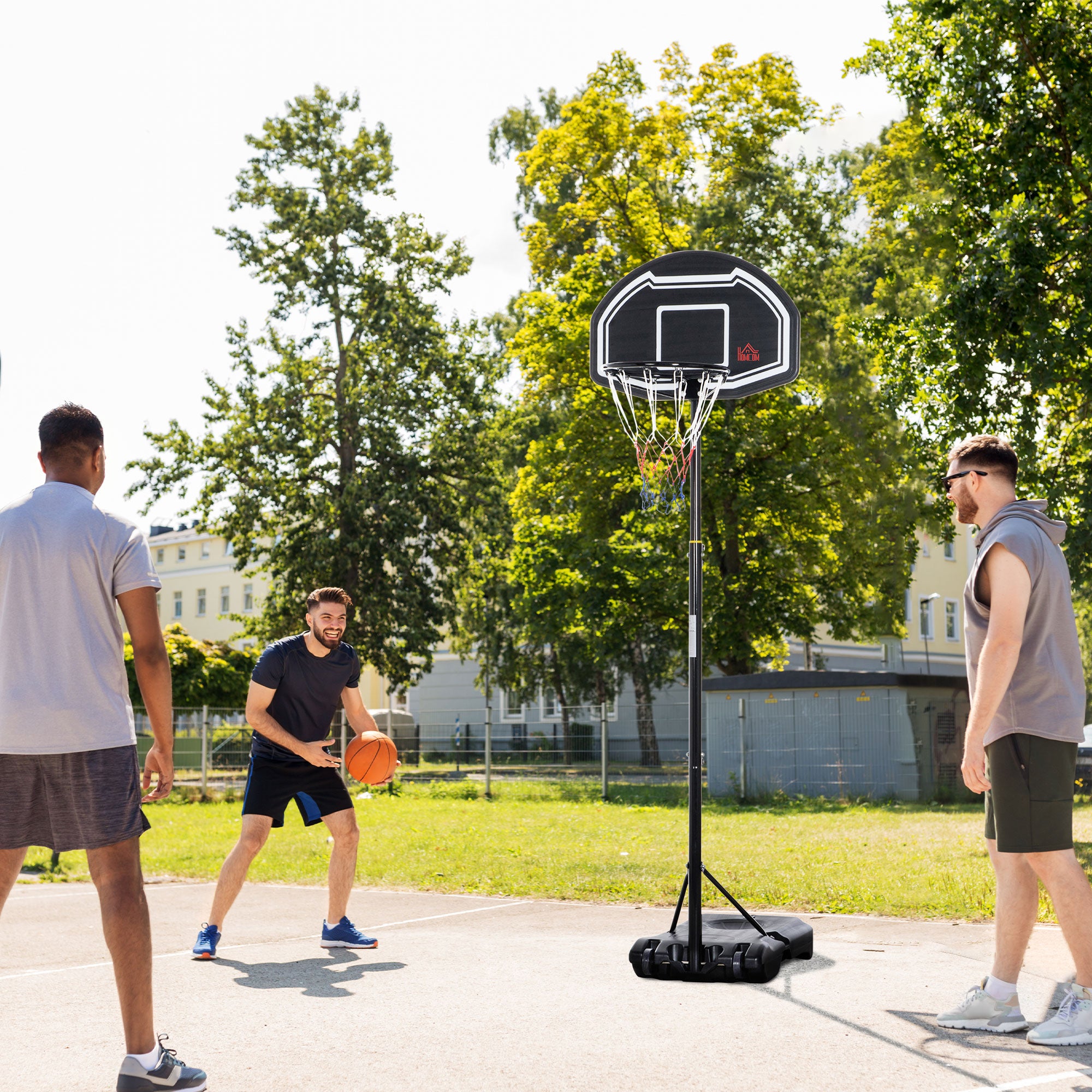 Adjustable Height 160-210 cm Outdoor Basketball Backboard with Wheels and Fillable Base 76x48x254 cm Black