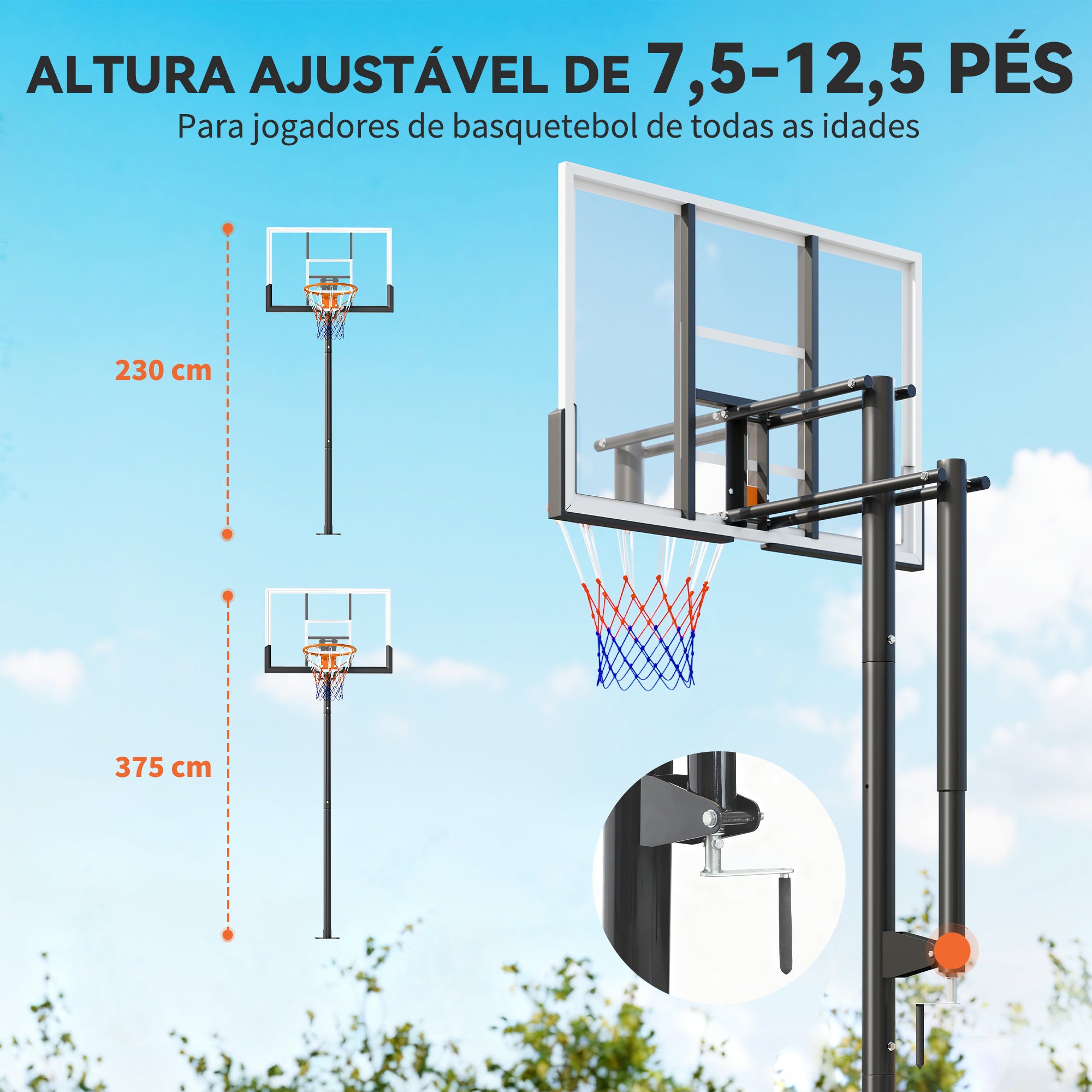 Canestro da Basket per Esterno a Terra, Altezza Regolabile 230-375 cm con Supporto e Pannello Infrangibile 120 cm, Cerchio Ø48 cm