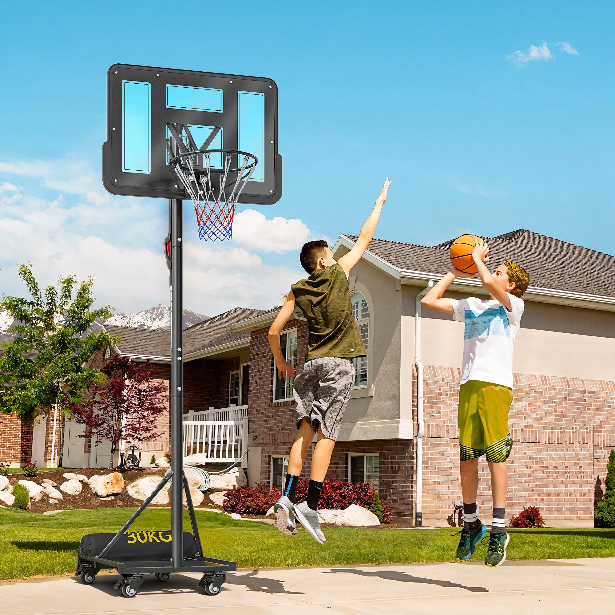 Outdoor Basketball Hoop with Adjustable Height 235-305 cm, Weight Bag and Wheels Black