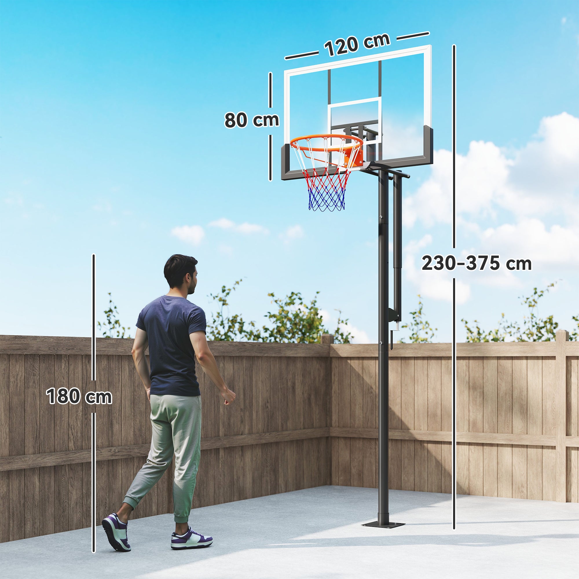 Canestro da Basket per Esterno a Terra, Altezza Regolabile 230-375 cm con Supporto e Pannello Infrangibile 120 cm, Cerchio Ø48 cm