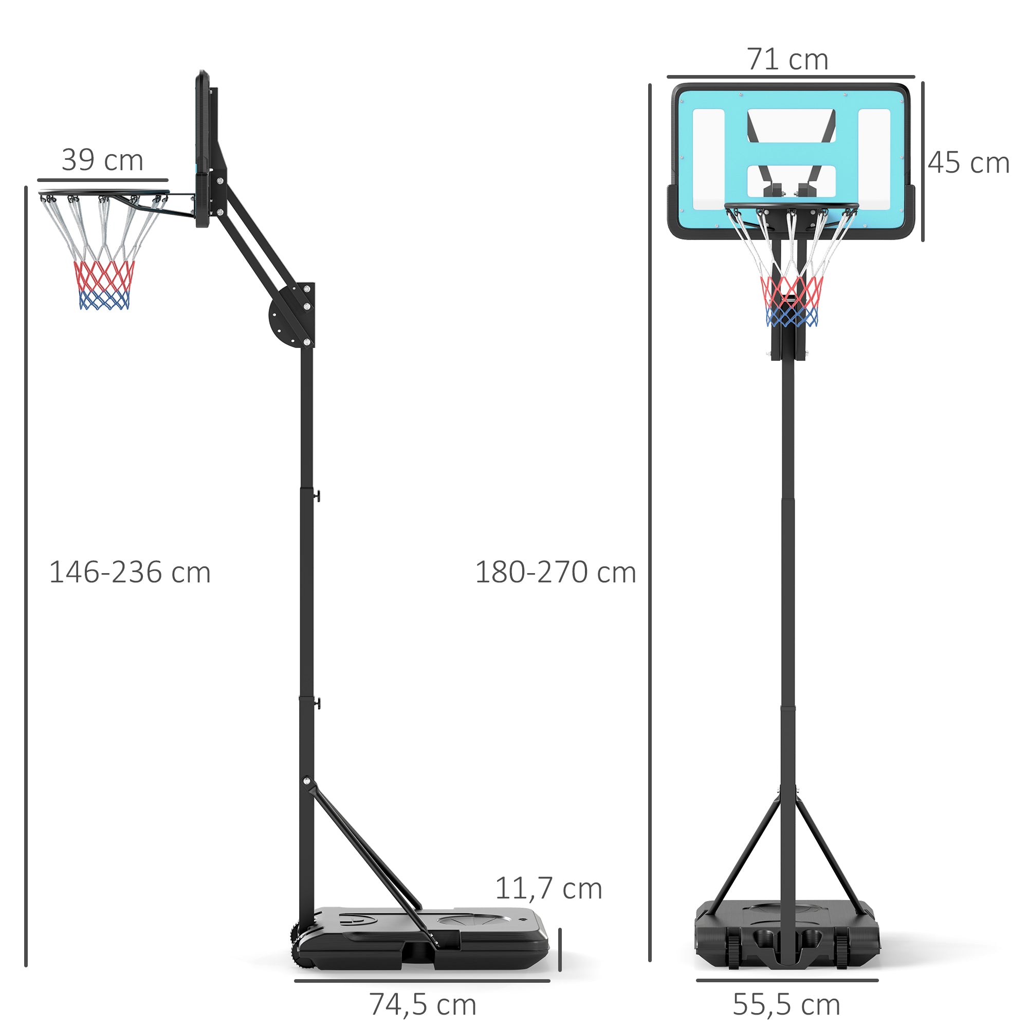 Tabellone da Basket Regolabile da 146-236 cm Portatile con Ruote e Base Riempibile con Acqua o Sabbia 71x45x146-236 cm Nero