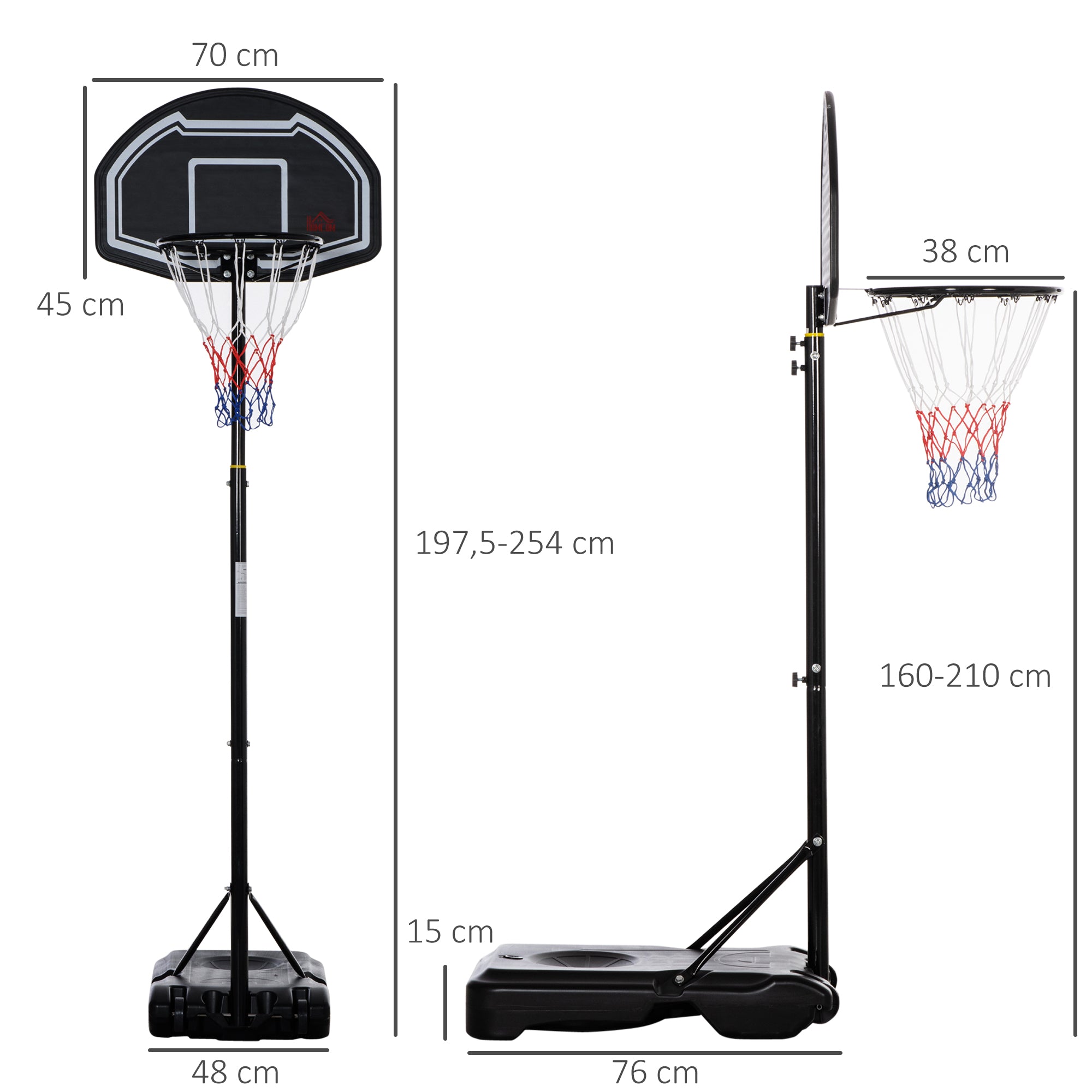 Tabela de Basquetebol para Exterior Altura Ajustável 160-210 cm com Rodas e Base Preenchível 76x48x254 cm Preto