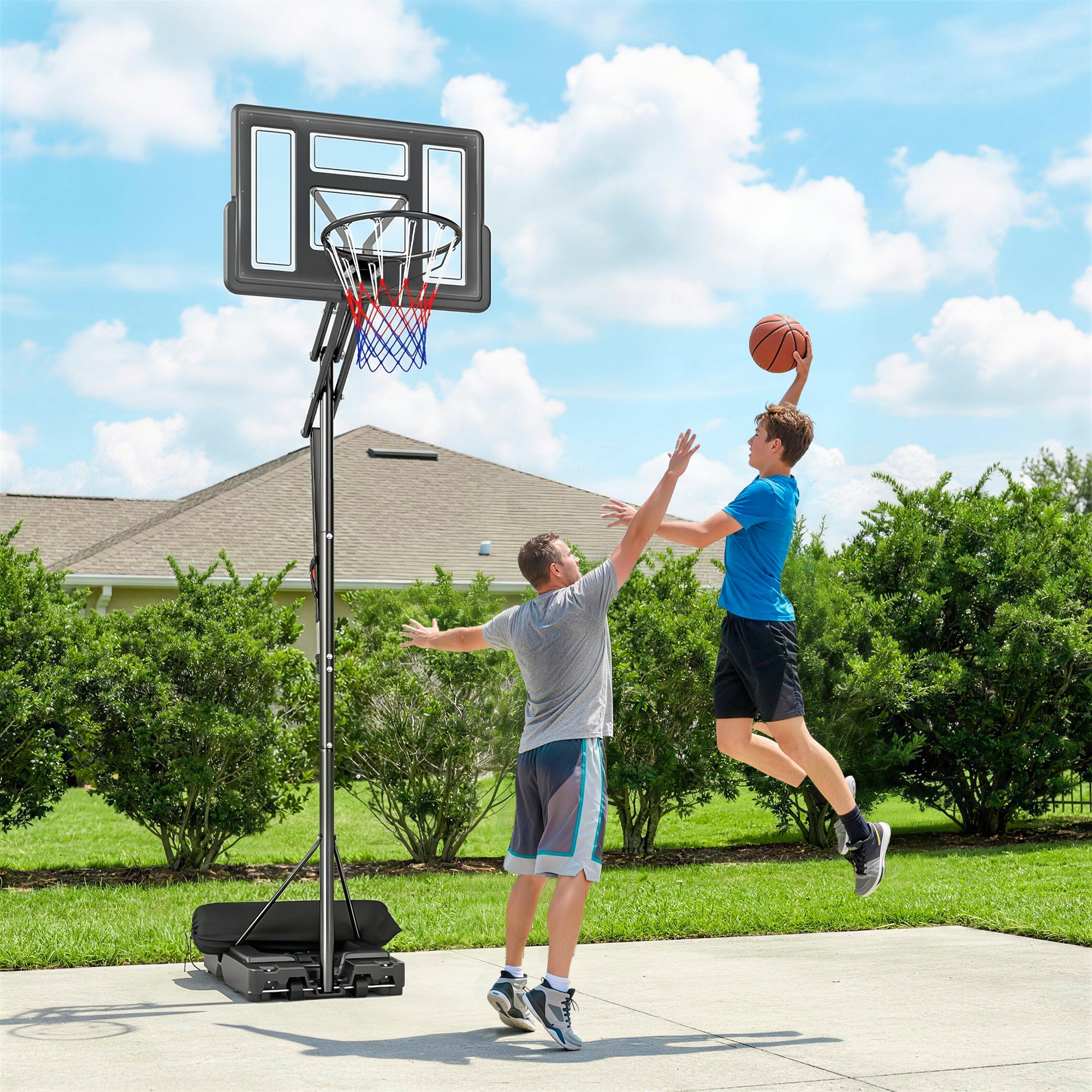 Outdoor Basketball Hoop with Wheels, Adjustable Height (2.35-3.05 m), Fillable Base and Weight Bag, Black