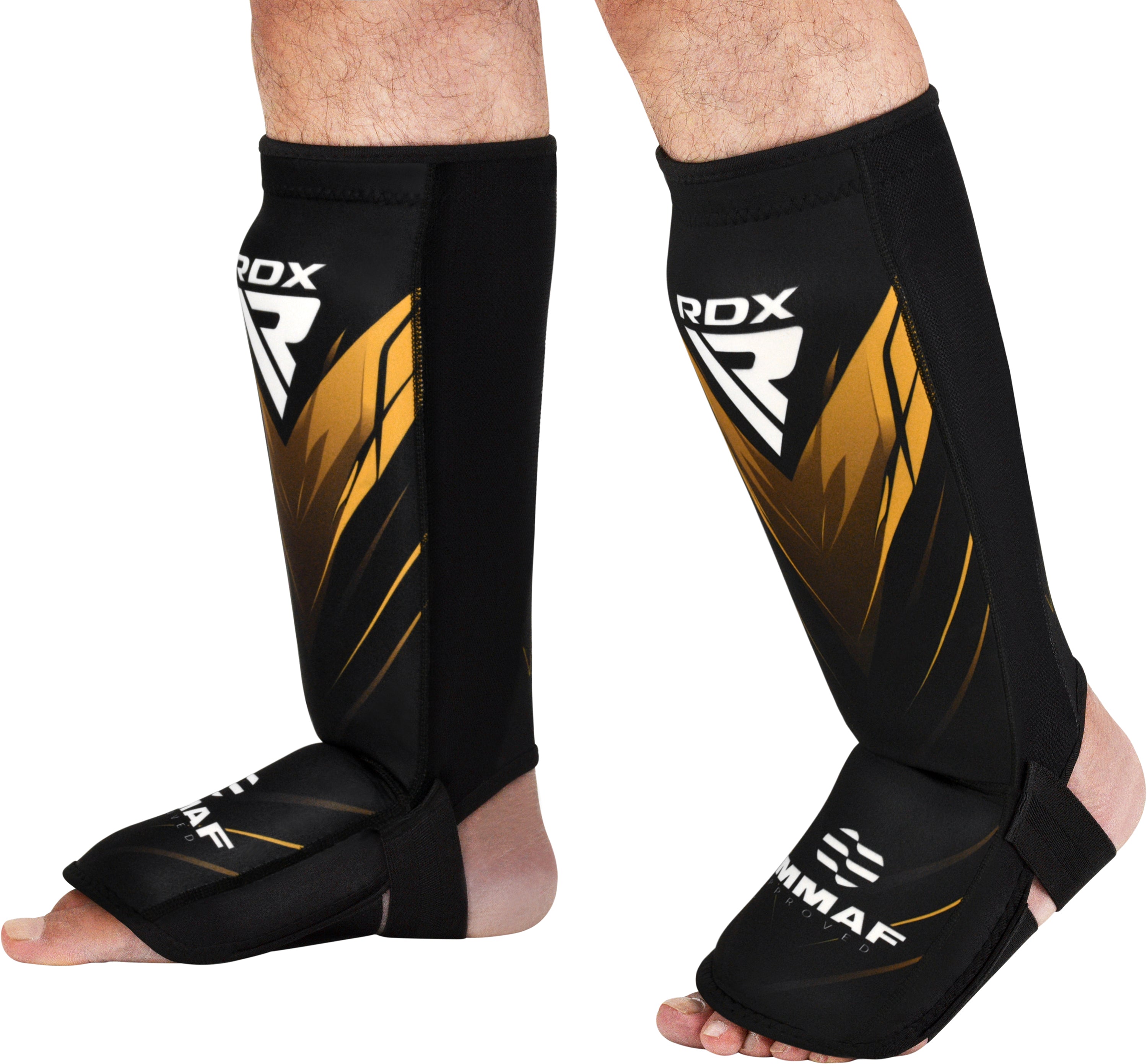 Protetores de canela e peito do pé em neoprene RDX, aprovados pela IMMAF, cor dourada