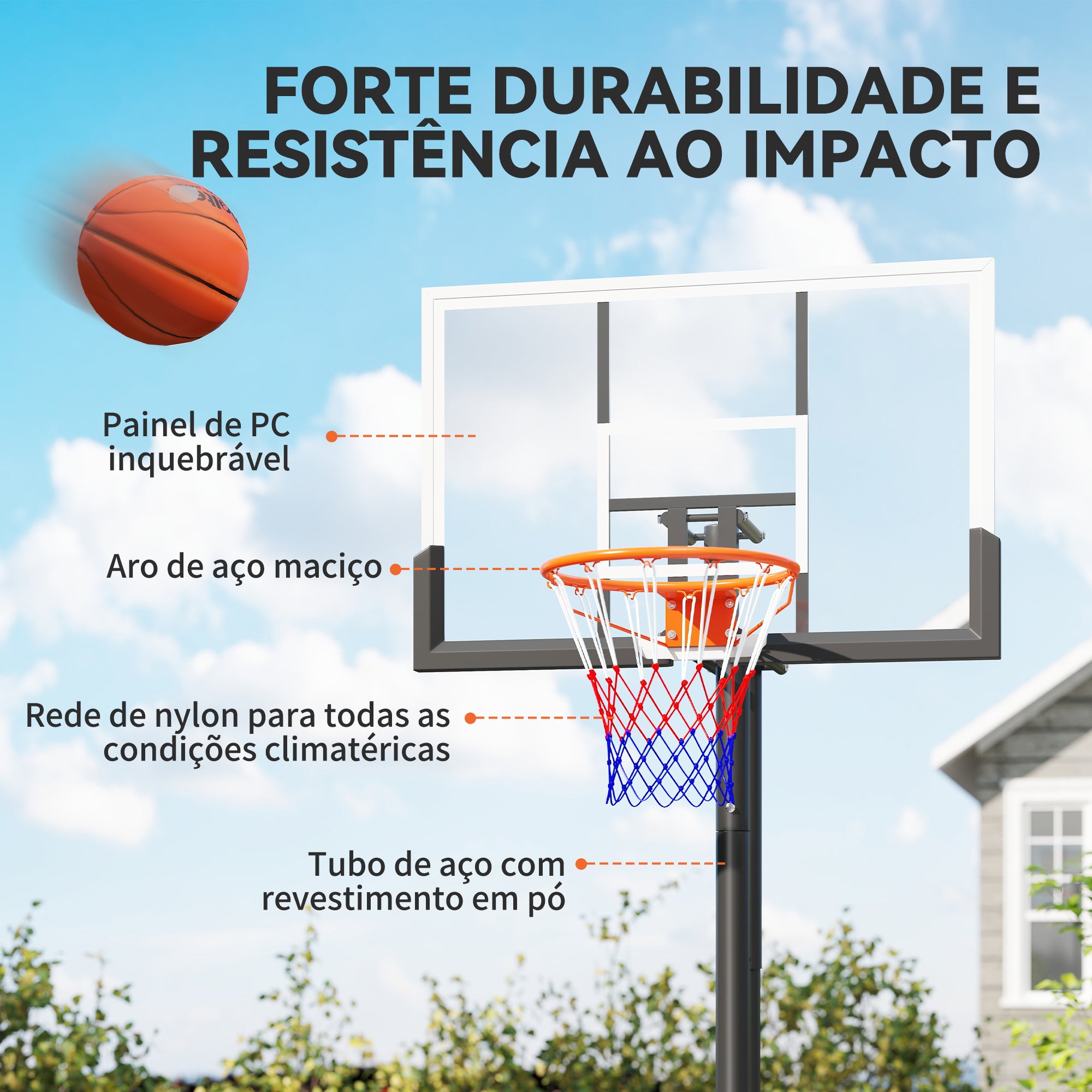 Canestro da Basket per Esterno a Terra, Altezza Regolabile 230-375 cm con Supporto e Pannello Infrangibile 120 cm, Cerchio Ø48 cm