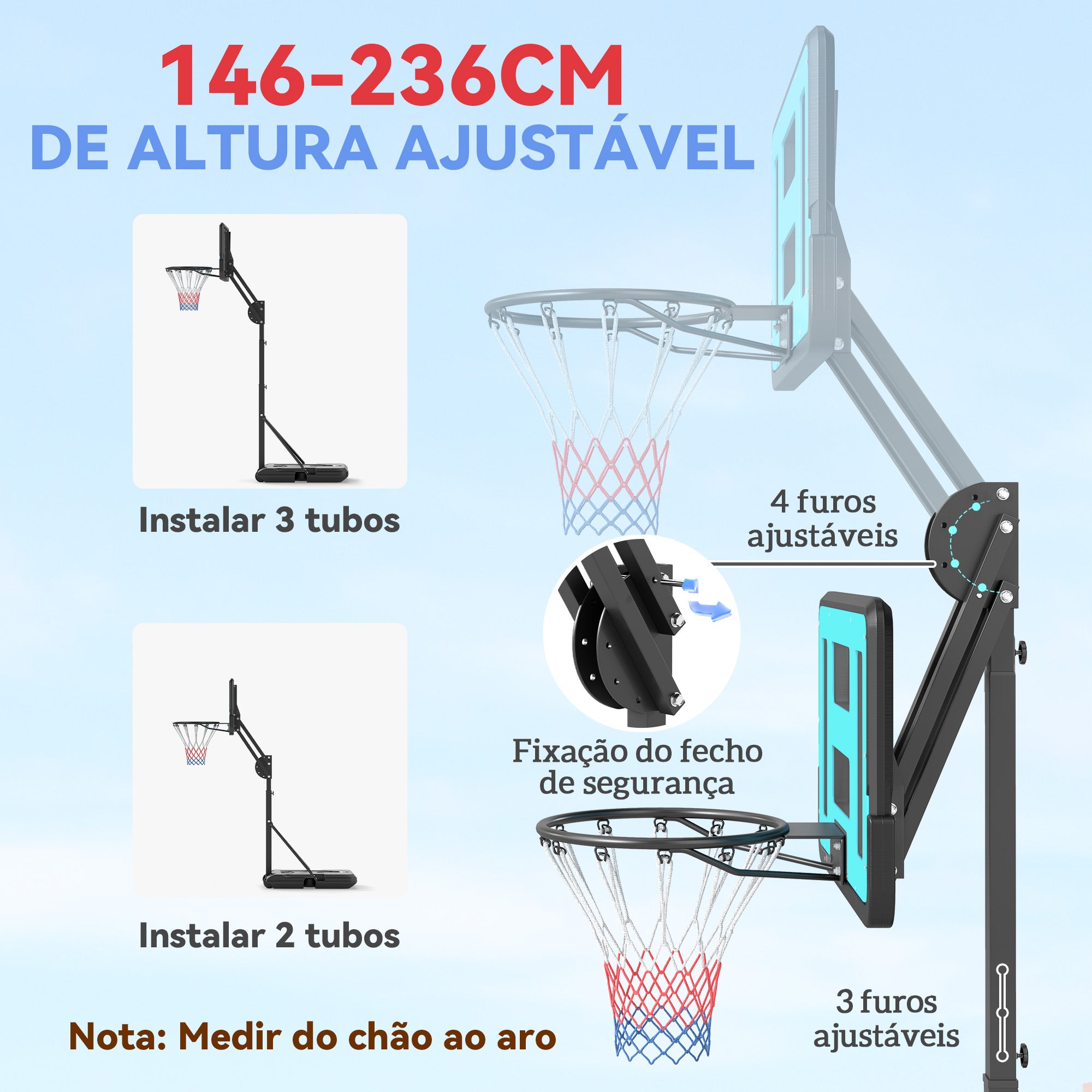 Tabellone da Basket Regolabile da 146-236 cm Portatile con Ruote e Base Riempibile con Acqua o Sabbia 71x45x146-236 cm Nero