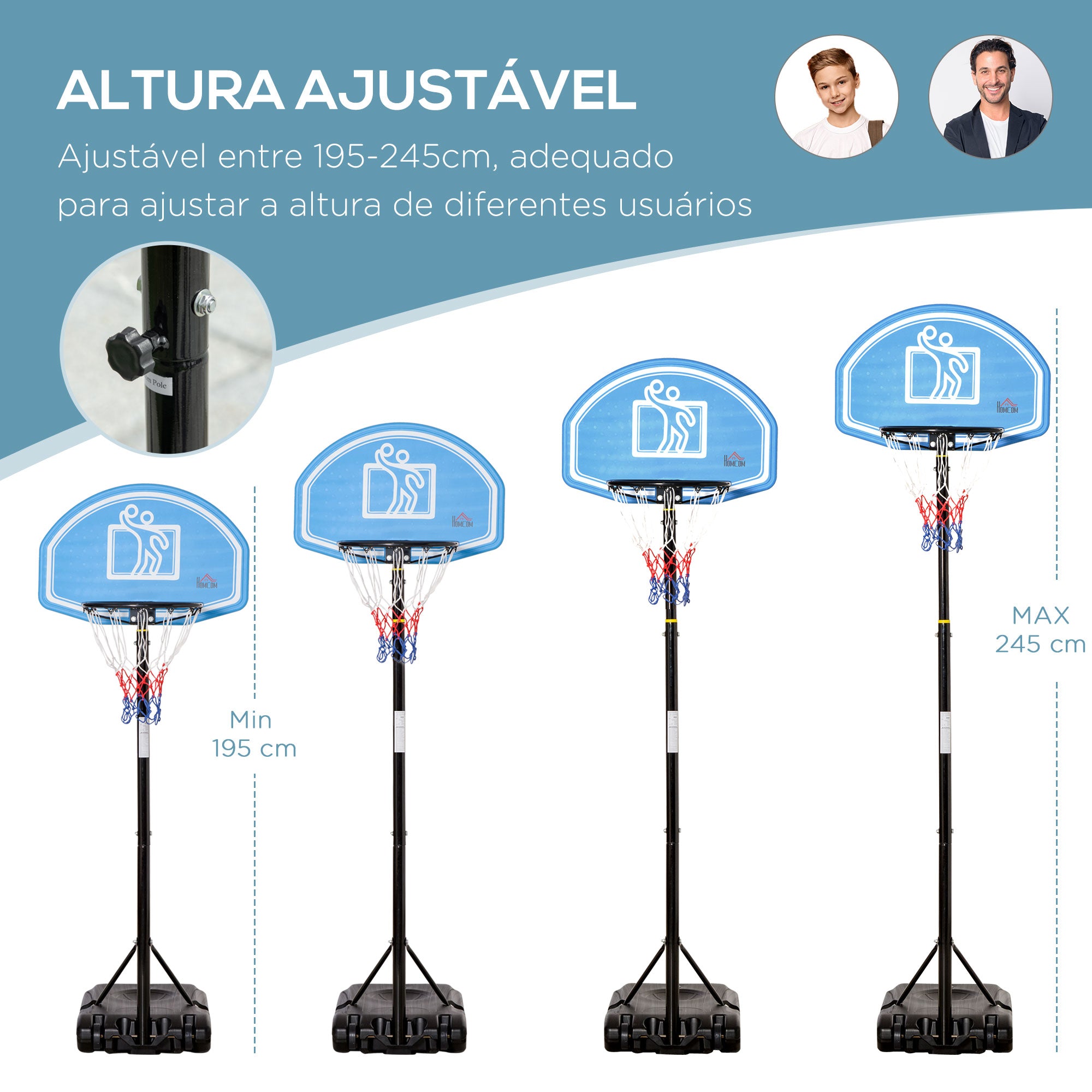 Tabela de Basquetebol com Altura Ajustável 160-210cm Rodas e Base Recarregável 76x70x197,5-254cm Preto e Azul