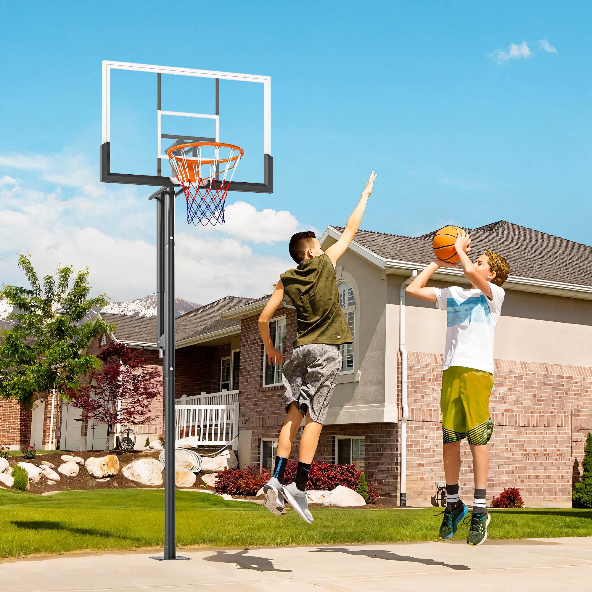 Outdoor Ground Basketball Hoop, Adjustable Height 230-375 cm with Support and 120 cm Unbreakable Backboard, Ø48 cm Rim