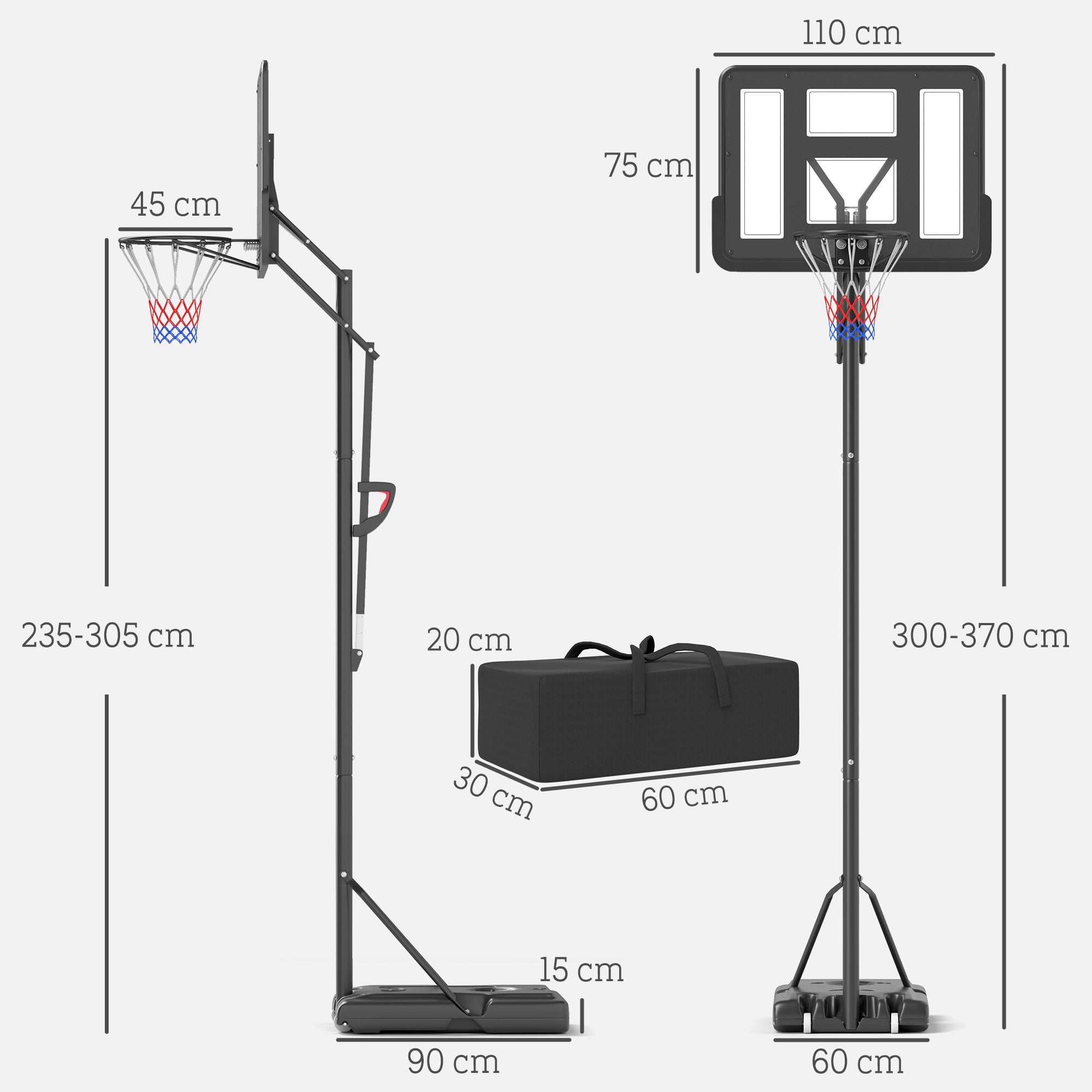 Tabellone da Basket Esterno con Altezza Regolabile, Supporto con Ruote, Base Ricaricabile e Sacco di Peso 90x60x305 cm Nero
