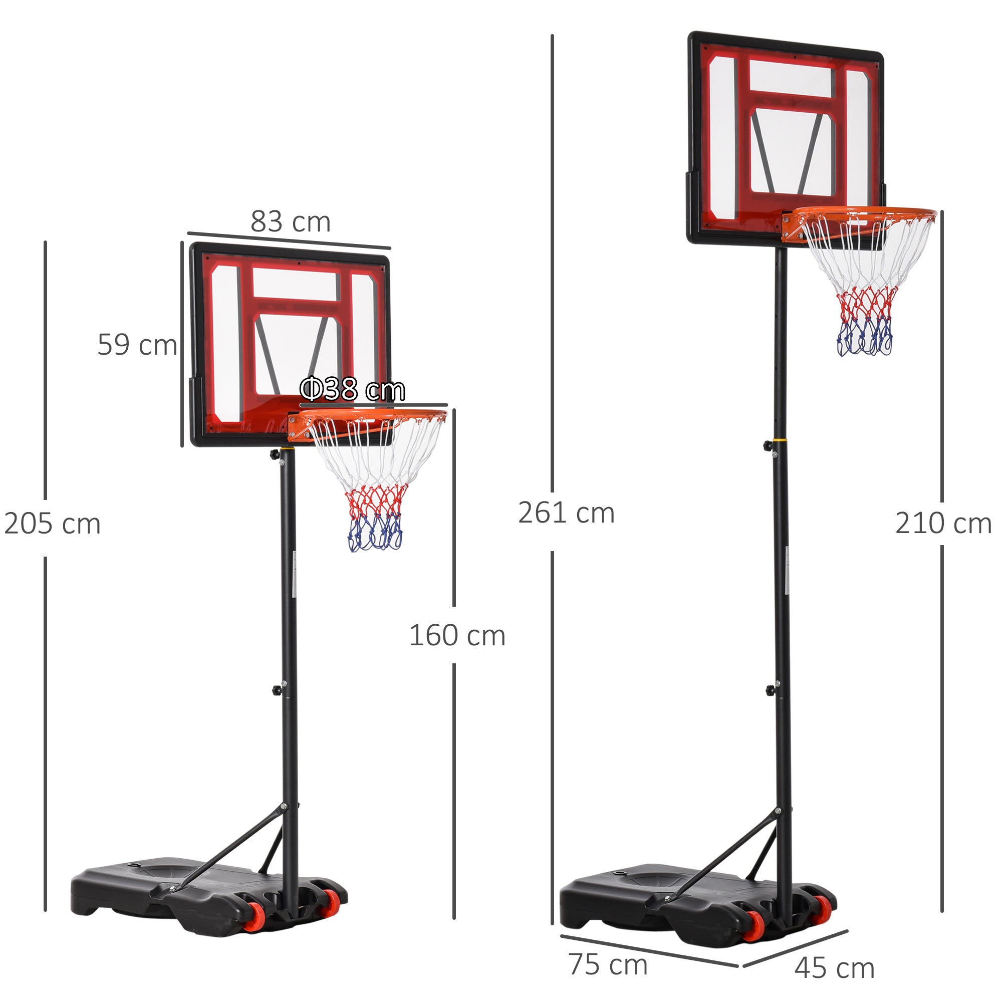 Tabellone da Basket Regolabile da 160-210cm, Cerchio da Basket con Supporto in Acciaio, Base Ricaricabile con 2 Ruote per Bambini e Adulti, 75x83x261cm, Rosso e Nero