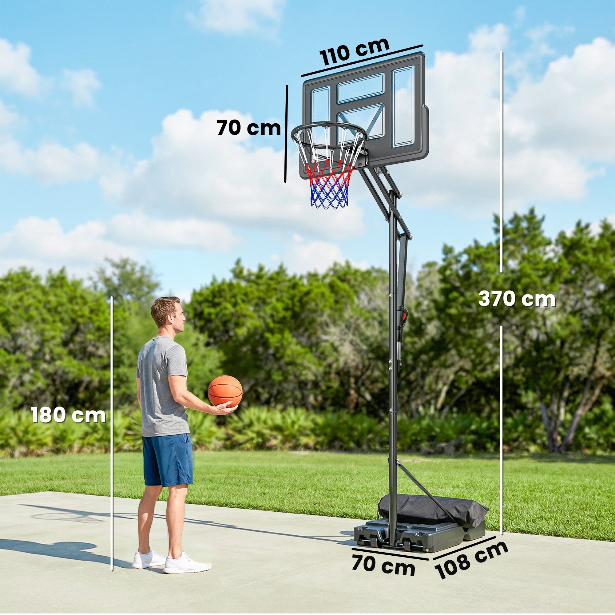 Tabellone da Basket da Esterno con Ruote, Altezza Regolabile (2,35-3,05 m), Base Riempibile e Sacchetto di Peso, Colore Nero
