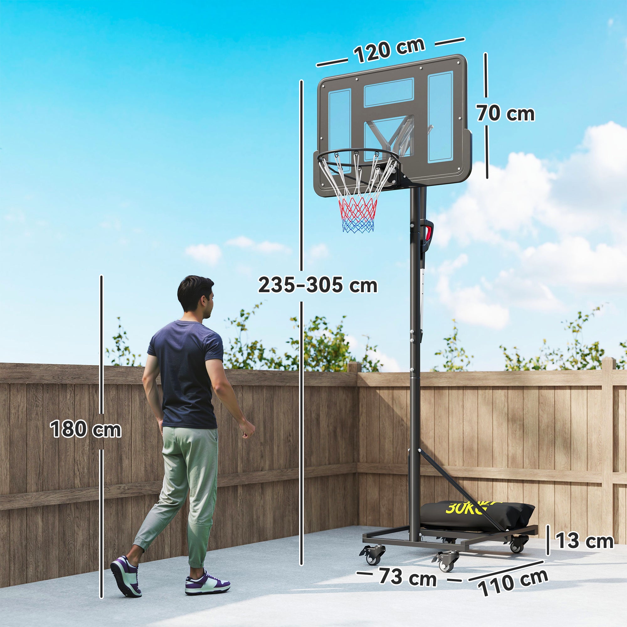 tabellone da Basket da Esterno con Altezza Regolabile 235-305 cm Sacco di Peso e Ruote Nero