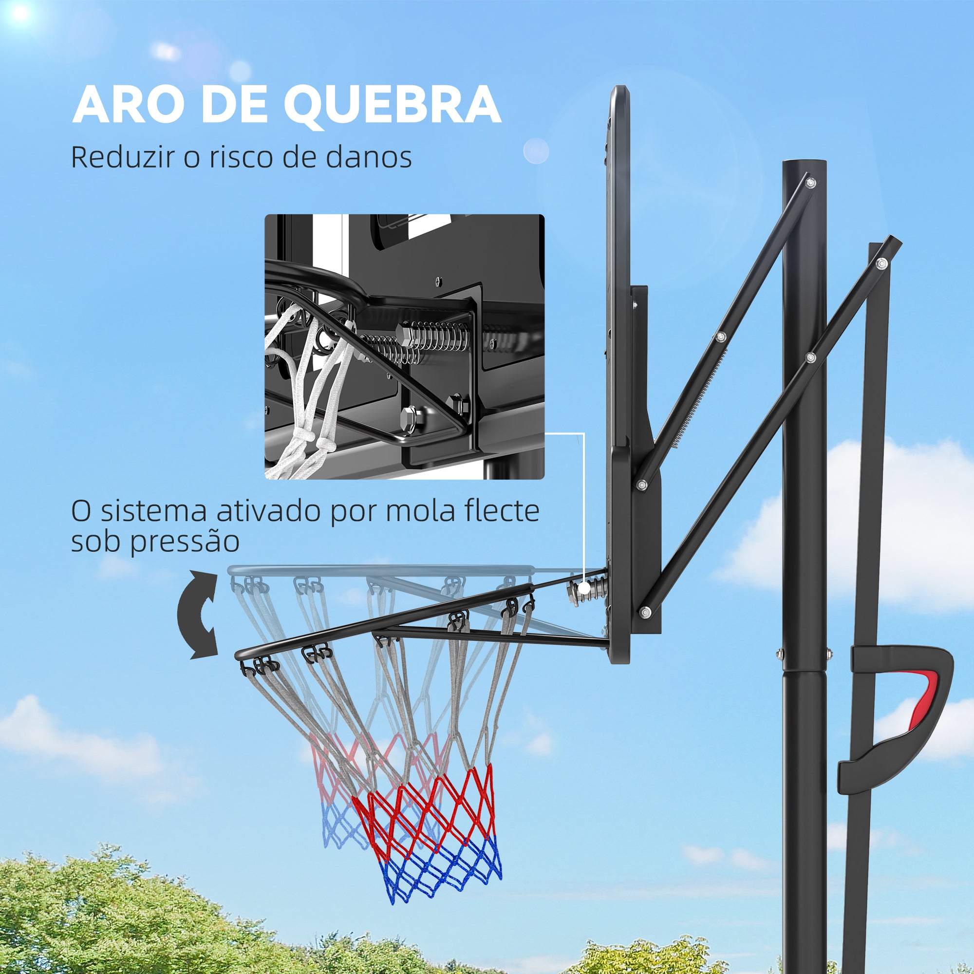 Tabellone da Basket Esterno con Altezza Regolabile, Supporto con Ruote, Base Ricaricabile e Sacco di Peso 90x60x305 cm Nero